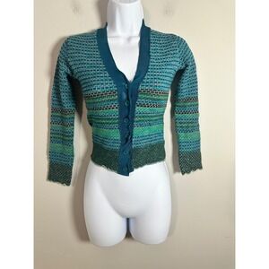 M Missoni Blue Green Striped Merino Wool Cropped Cardigan Sweater Size 8 US 44IT